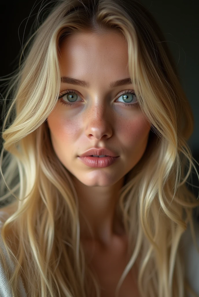 beautiful girl with long blond hair, detailed eyes, nose, and lips, (Best quality,4K,8 K,a high resolution,masterpiece:1.2),ultra detailed,(realistic,photorealistic,photo-realistic:1.37),HDR,studio lighting,very detailed face and body, portrait,cinematic lighting,dramatic lighting,warm color tones,Dramatic colors