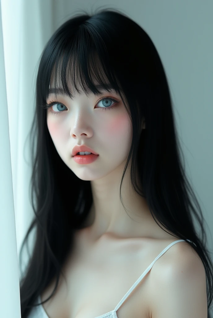 Create a girl with straight black hair, extremely white fur, blue eyes and with an extremely unique beauty, the most beautiful and be very realistic, very beautiful, mega beautiful