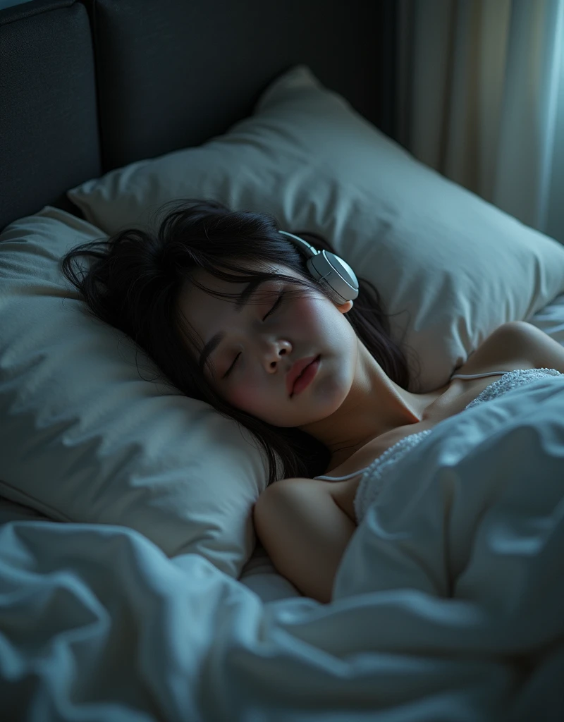 A woman sleeping while listening to ASMR