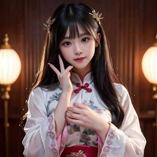 best quality, Delicate face,beautiful visual work, lifelike, eternity, black hair, Long curly hair, blunt bangs, Smile, Detailed Background, Delicate face,pink blush,cold,((masterpiece))、(top quality)、8k、high detail、Super detailed,21 years old female,Wearing Chinese cheongsam、Seductive and whimsical style、masterpiece、born、Scenes resembling fairy tale illustrations、Intricate details and complex designs、Beautifully、magic、capricious、 Beautifully、Dream aesthetics、「𝓡𝓸𝓶𝓪𝓷𝓽𝓲𝓬、ethereal、charming、fickle、magic」、Realism、Visual effects、FXAA、SSAO、Shaders、voiceless、ambient lighting、Tone mapping、High resolution、Ultra high quality、Million pixels、(8K resolution:1.10)、8k、Below 8K、8K resolution、high detail、intricate details, (high quality:1.2、masterpiece:1.2、:1.21)、(21 years old female:1.21)、(Smile excitedly)、(Surrounded by the dreamy atmosphere、Model diagram,full-body shot,Normal 2 feet,Don't show your fingers