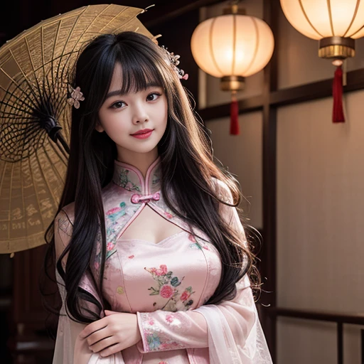 best quality, Delicate face,beautiful visual work, lifelike, eternity, black hair, Long curly hair, blunt bangs, Smile, Detailed Background, Delicate face,pink blush,cold,((masterpiece))、(top quality)、8k、high detail、Super detailed,21 years old female,Wearing Chinese cheongsam、Seductive and whimsical style、masterpiece、born、Scenes resembling fairy tale illustrations、Intricate details and complex designs、Beautifully、magic、capricious、 Beautifully、Dream aesthetics、「𝓡𝓸𝓶𝓪𝓷𝓽𝓲𝓬、ethereal、charming、fickle、magic」、Realism、Visual effects、FXAA、SSAO、Shaders、voiceless、ambient lighting、Tone mapping、High resolution、Ultra high quality、Million pixels、(8K resolution:1.10)、8k、Below 8K、8K resolution、high detail、intricate details, (high quality:1.2、masterpiece:1.2、:1.21)、(21 years old female:1.21)、(Smile excitedly)、(Surrounded by the dreamy atmosphere、Model diagram,full-body shot,Normal 2 feet,Don't show your fingers