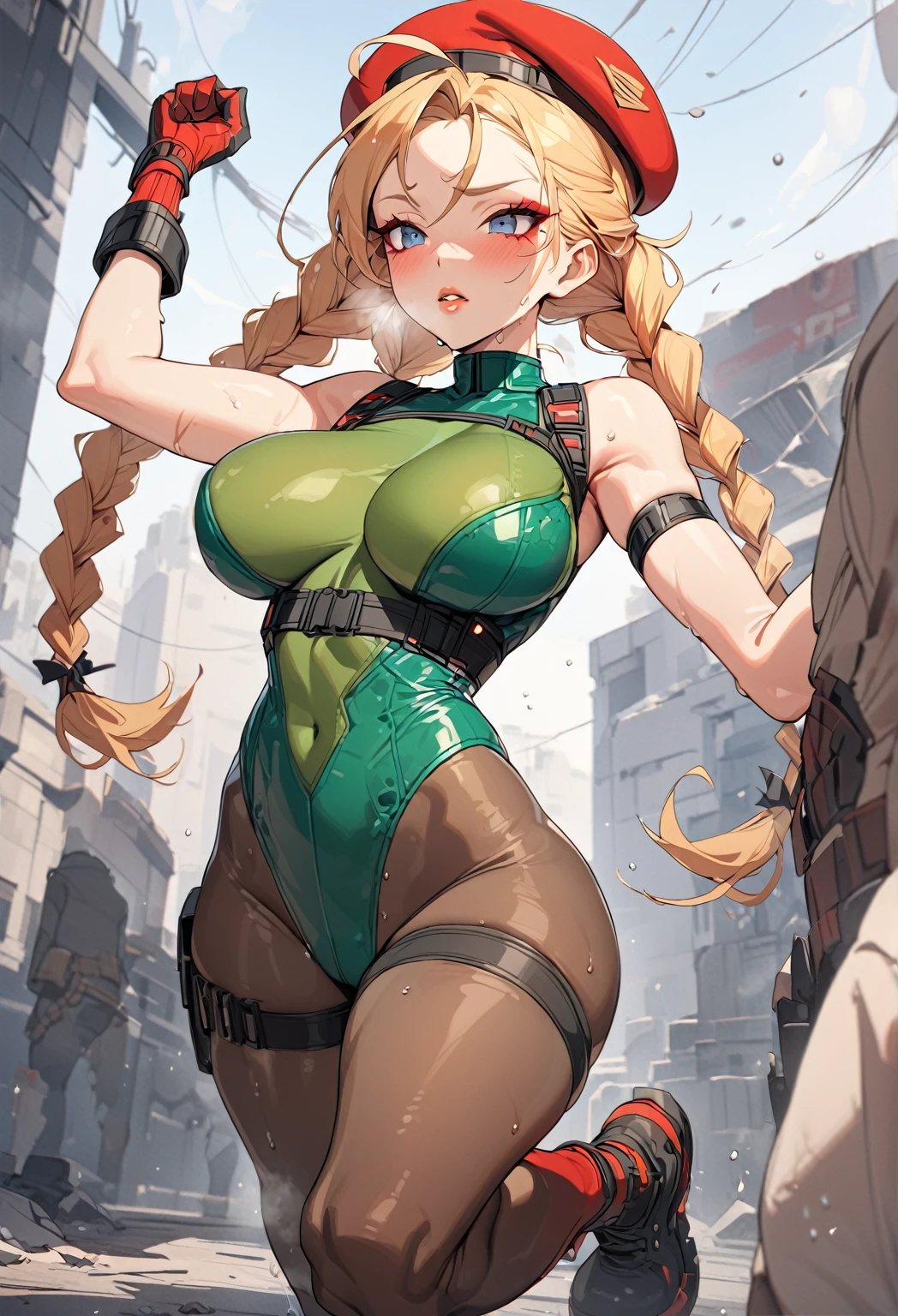 masterpiece,best quality,extreme detail,8k,cammyfn, 1girl, solo, long hair, breasts, blue eyes, blonde hair, large breasts, gloves, red hat, braid, ahoge, twin braids, leotard, lips, makeup, beret, scar, antenna hair, nose, harness, huge ahoge, green leotard,sleeveless, sweaty,sweat, exhausted,sleeveless,cross eye, full body