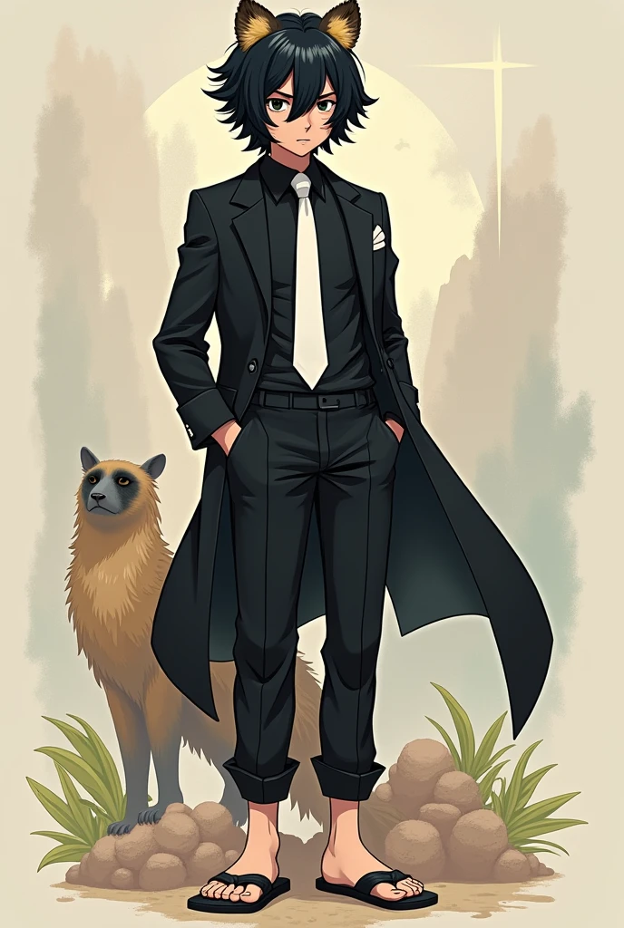 Black haired character, Mink bear features, wears a black suit with a white tie, wears flip-flops and dress pants, has the sand fruit, usa or estilo of luta hokushiki, has a white cover, and is the right hand of a crew, he is 19 years old.
