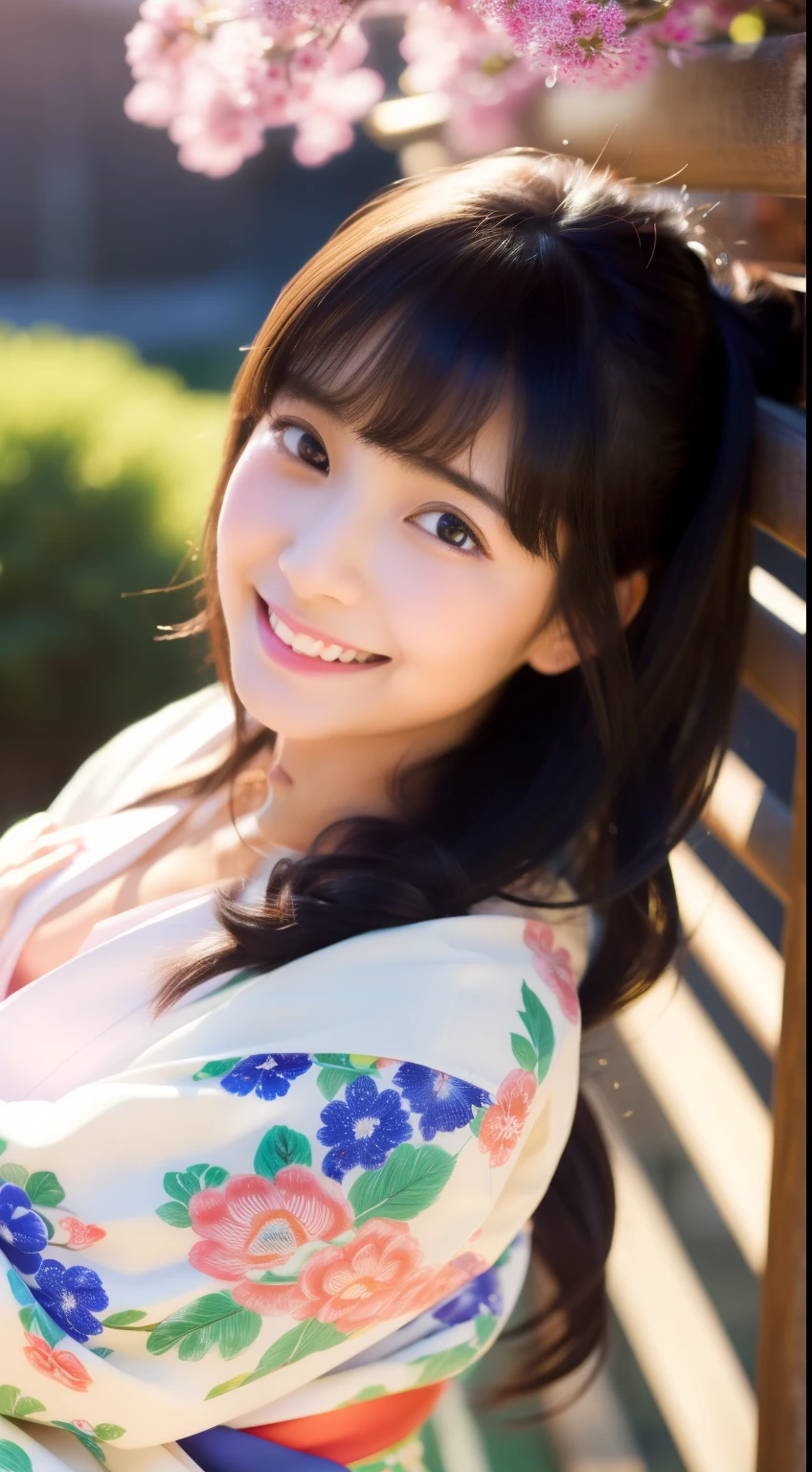 With open arms, Cute crying face, Laughs and Tears, 最high quality、high quality、Best image quality、8k、最High resolution、High resolution、temple, Realistic photos, Healthy body, Beautiful Eyes, Flowing black hair, Colorful kimono, Calm expression, Soft lighting, Traditional Japanese art style, Vibrant colors, Peaceful atmosphere, Delicate features, Graceful posture, Beautiful Landscape