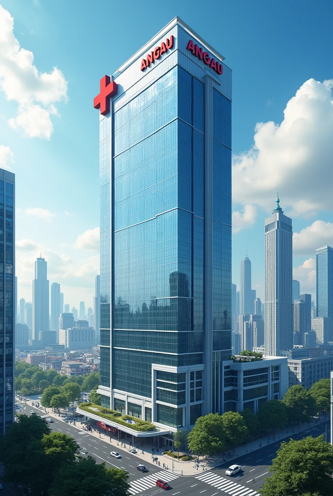 A big hospital with a red cross near a city with logo ANGAU
