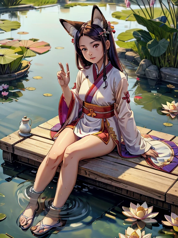 absurdres, highres, ultra detailed, (1girl:1.3), hand drawn, simple line, 16yo girl in colorful Chinese Hanfu, sexy girl with fox ears, at the lotus pond, masterpiece, sitting in water, floating clothes, floating hair