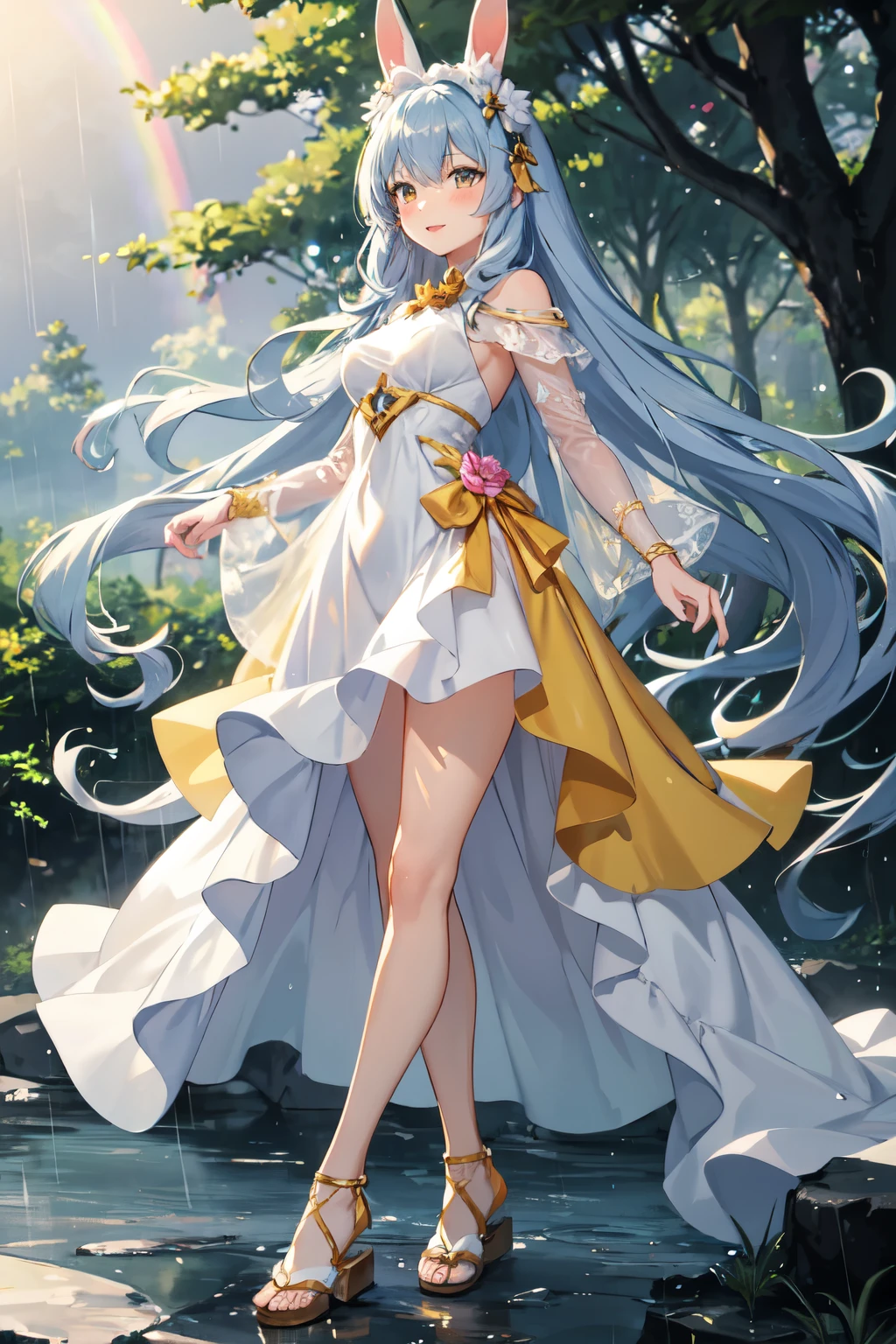 anime drawing of a bunny girl human, powers that control the rain, blue long wavy hair, white goddess floaty elegant dress, 1080p, forest background, day time, rainbow in the sky, landscape format, shiny glittery aura, happy blushing expression, gold color eyes, simple sandals, golden accessories elegant, peach color ribbon on ends of hair