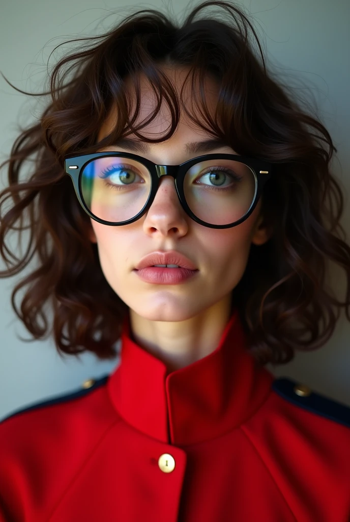 Brunette girl with black round glasses on her face, thin and cute face, medium curly hair with a red uniform