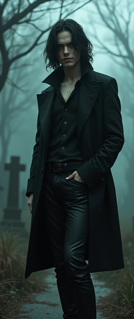 A sexy 19-year-old male with delicate facial features, long black hair, and teal eyes, wearing black shiny leather jeans and a black long trench coat. In the cemetery (Male) (gloomy atmosphere) (eerie atmosphere) (no facial hair) (scary atmosphere) (dark and smoky) 