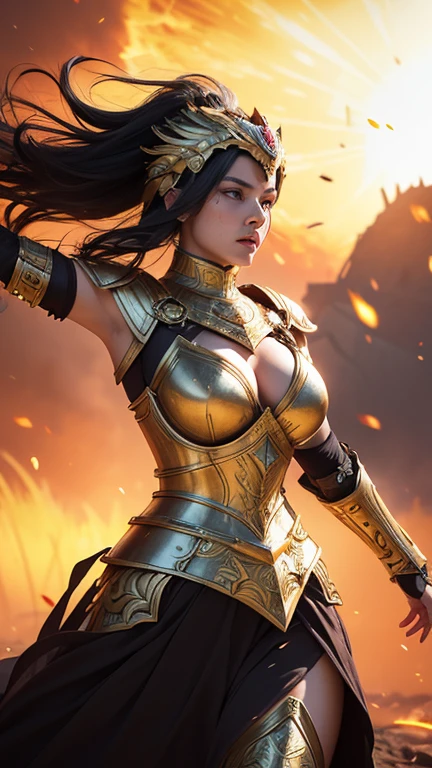 A fierce and powerful Roman female warrior stands resolutely amidst a battlefield, her expression determined and unwavering. She is clad in intricate bronze armor that gleams with a golden hue, including a detailed breastplate and pauldrons. Her helmet, adorned with a large, plume-like crest, adds to her imposing presence. The warrior holds a large, ornate shield with a sunburst design, its surface scarred from battle. Fiery embers float in the air around her, illuminating her flowing hair and the edges of her armor. The background hints at a smoky, war-torn environment, enhancing the dramatic atmosphere