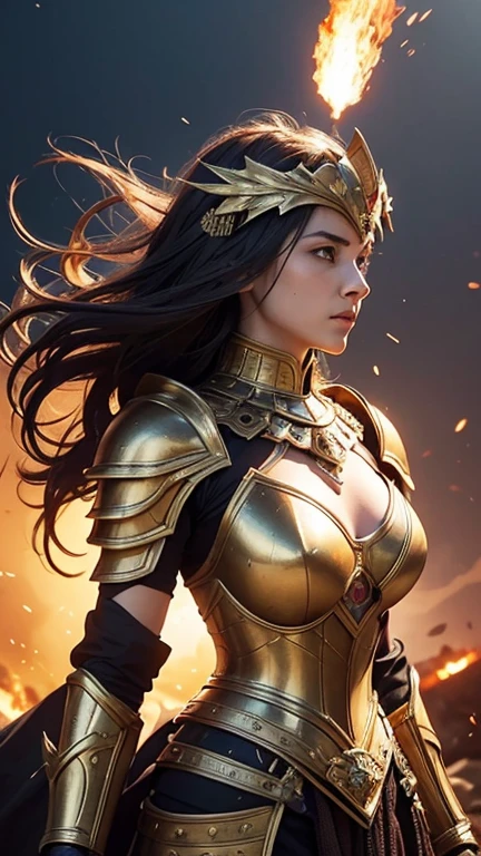A fierce and powerful Roman female warrior stands resolutely amidst a battlefield, her expression determined and unwavering. She is clad in intricate bronze armor that gleams with a golden hue, including a detailed breastplate and pauldrons. Her helmet, adorned with a large, plume-like crest, adds to her imposing presence. The warrior holds a large, ornate shield with a sunburst design, its surface scarred from battle. Fiery embers float in the air around her, illuminating her flowing hair and the edges of her armor. The background hints at a smoky, war-torn environment, enhancing the dramatic atmosphere