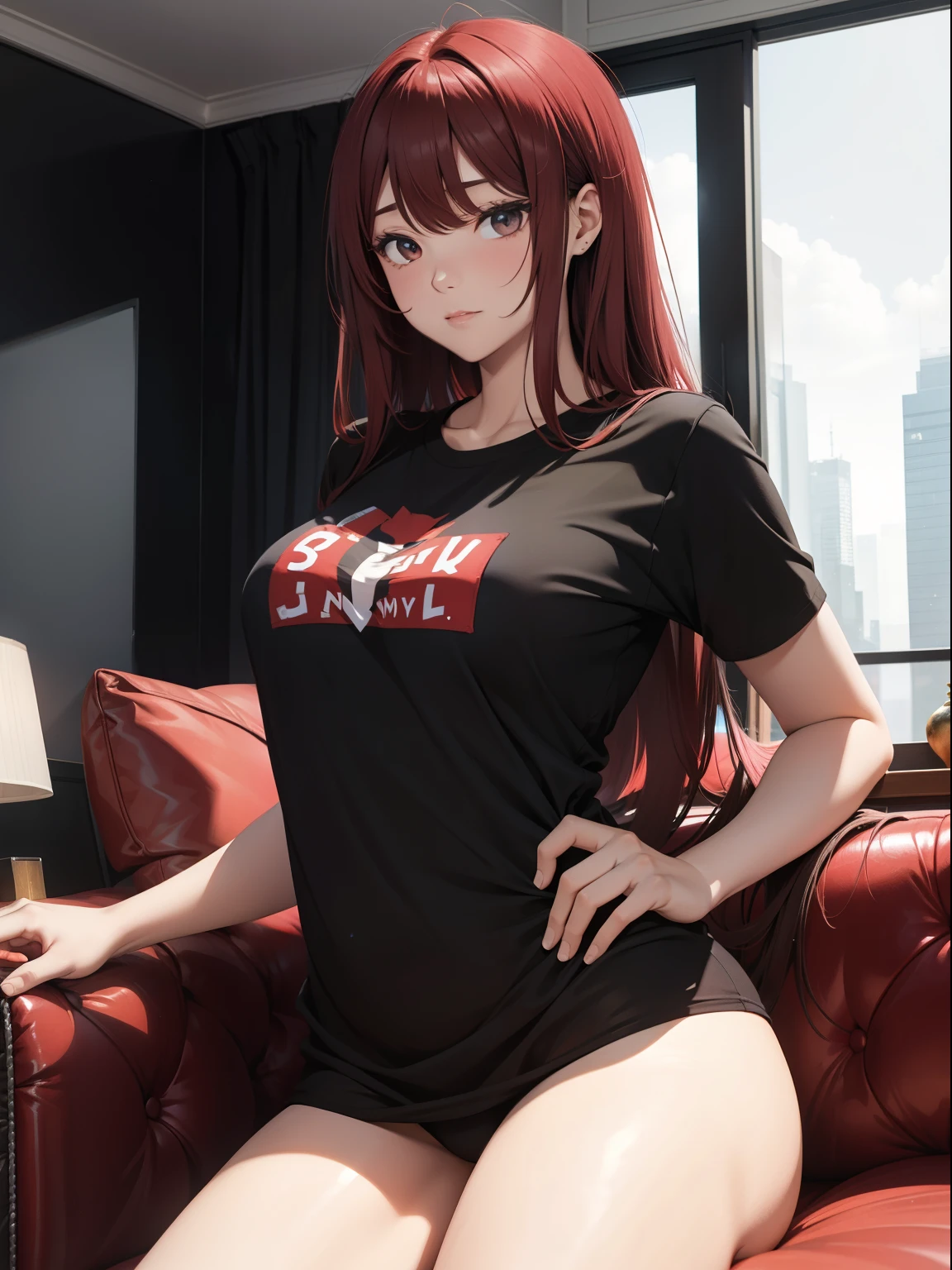 Living room. Flirtatious, red long hair, Big sister. big body. No pants, black shirt