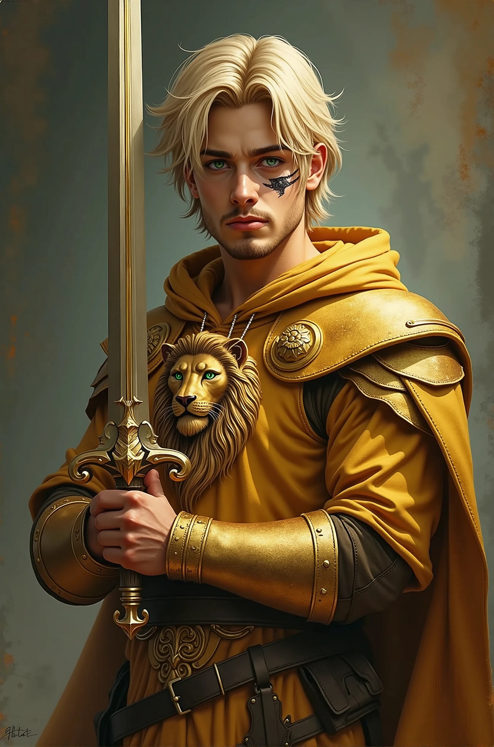 Make an 18 year old teenager.
He has blond hair, greeneyes, goatee and a scar over his left eye.
He is wearing a golden outfit with a lion crest on his chest., holding a sword in his left hand