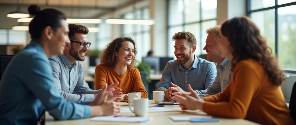 People from each generation talk in good spirits at work.