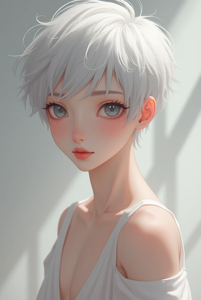he has boy white hair Short and light gray eyes. He has full and pink lips. It has white skin with pink tones, its skin is milky and easy to mark. He has a perfect profile, which matches perfectly with his face, he has a thin and cute body. He has thin shoulders, thin arms, long and thin hands. It has a slightly marked collarbone. It has small, pink nipples that are extremely sensitive to touch. It has beautiful curves that shape your body. He has thin legs, slightly thick and ve