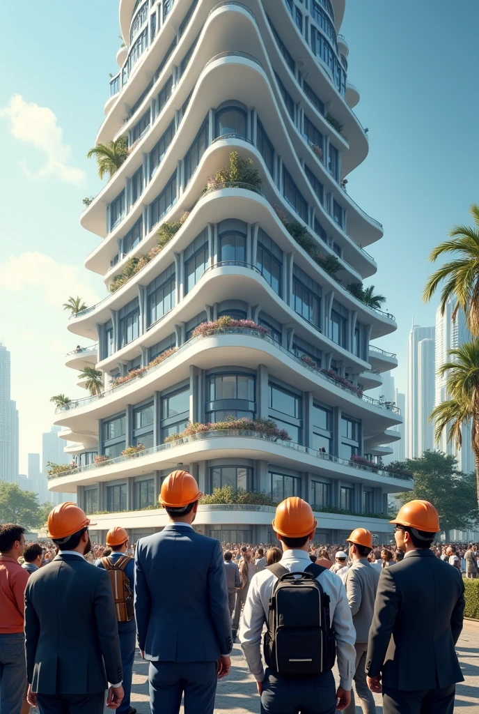Create engineer and employees looking at an already constructed and beautiful building all smiling
