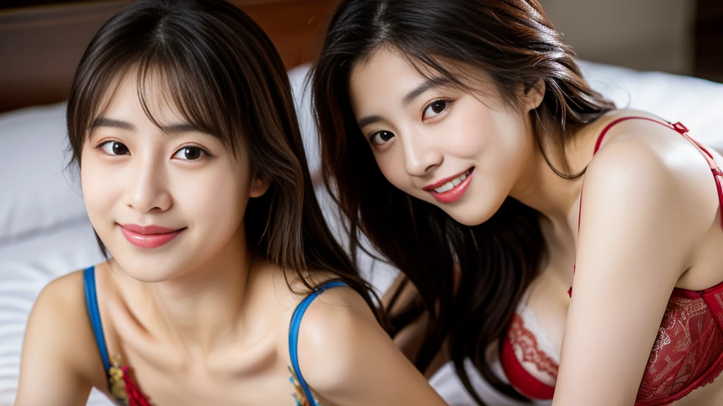 (最high quality、masterpiece、high resolution、masterpiece、RAW Photos、8k:1.3)、high quality、High resolution、detailed、Detailed photos、Portrait、Realistic、Highly reproducible photos、Clear photos、Photorealistic、High pixel count、(Two Women、Wearing lingerie:1.1)、Soft Lighting、Japanese woman in her 20s、Looking at me with a smile