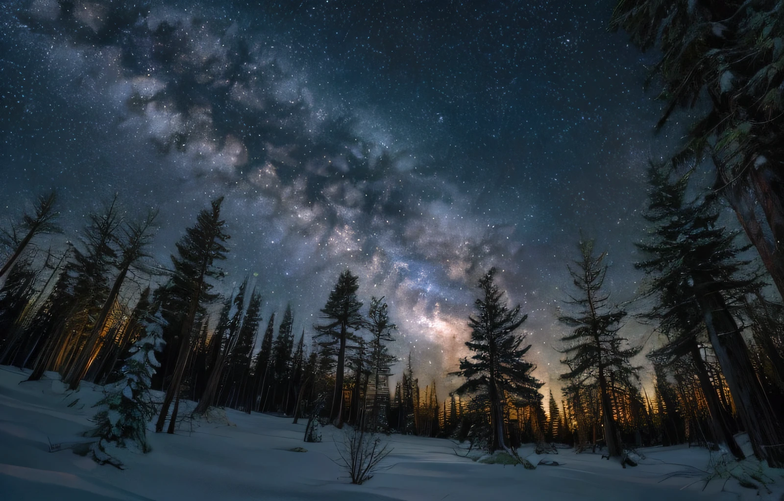 Closeup of spring flowers in a forest clearing, nighttime, Milky Way melting snow