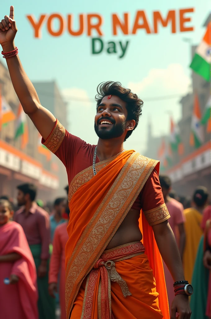 Generate a real-life image of a 21-year-old (girl/boy) joyfully celebrating Indian Independence Day. The individual is dressed in traditional Indian attire with the name 'YOUR NAME' prominently displayed on their clothing. The sky above them features the words 'Happy Independence Day' in a bold font. The background is alive with a crowd of people celebrating, creating a vibrant and patriotic atmosphere."