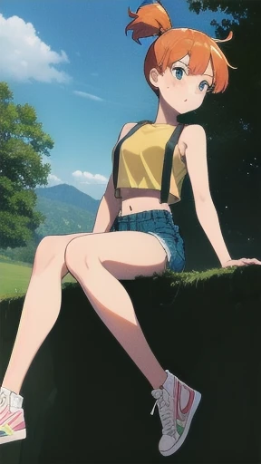 (The highest image quality, master piece:1.2), (Ultra Definition Illustration), BREAK, Misty, (1 girl:1.2), BREAK, Solo, (frustrated look:1.3), Full body, Round , (Orange Hair with one pony tail:1.2), BREAK, (sleeveless short yellow crop top, exposed midriff), (bare thighs), (daisy dukes), (bare shoulders, bare arms), BREAK, in a forest, camera shot from below