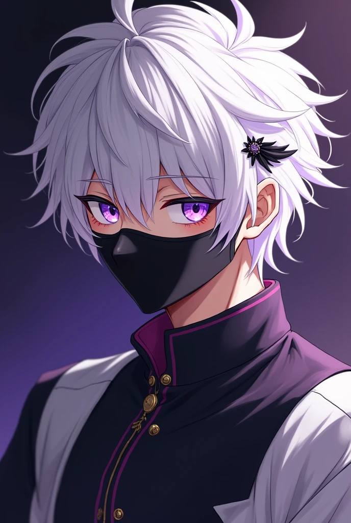 Male character who has white hair and in his hair he has small wings and is wearing a black mask and his eyes are flaming purple colors 