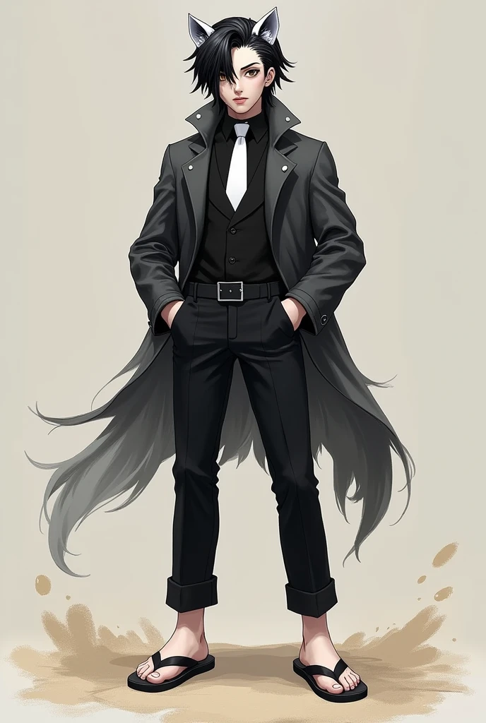 Black haired character, Mink bear features, wears a black suit with a white tie, wears flip-flops and dress pants, has the sand fruit, usa or estilo of luta hokushiki, has a white cover, and is the right hand of a crew, he is 19 years old.