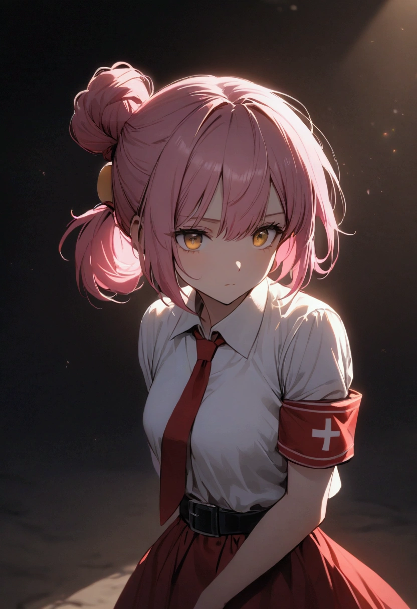 Pink hair girl, short hair, hair tied up on one side coconut hairstyle ,with red cross ornament where hair is tied up, wearing white shirt and black blazer and red skirt and red tie, with red armband,black belt, dark yellow eyes