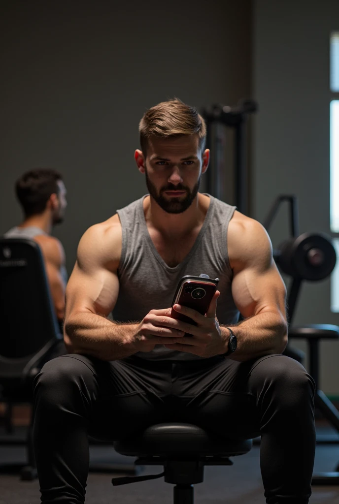 a strong man sitting in a chair studying
