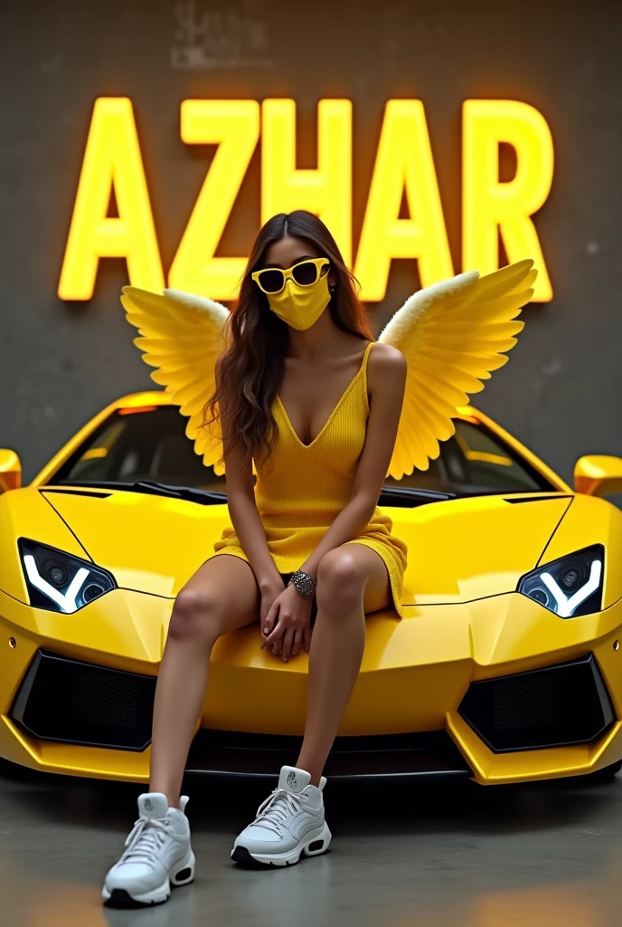 create a 3D illusion for a profile picture
in a yellow dress and sunglasses sitting casually on a wingback yellow Lamborghini, wearing sneakers, with yellow
mask and sunglasses he looks ahead the background features ” AZHAR” in big and capital Light yellow neon font on the dark grey wall, there should not be his shodow, and there are wings to make it appear as if be is an angel