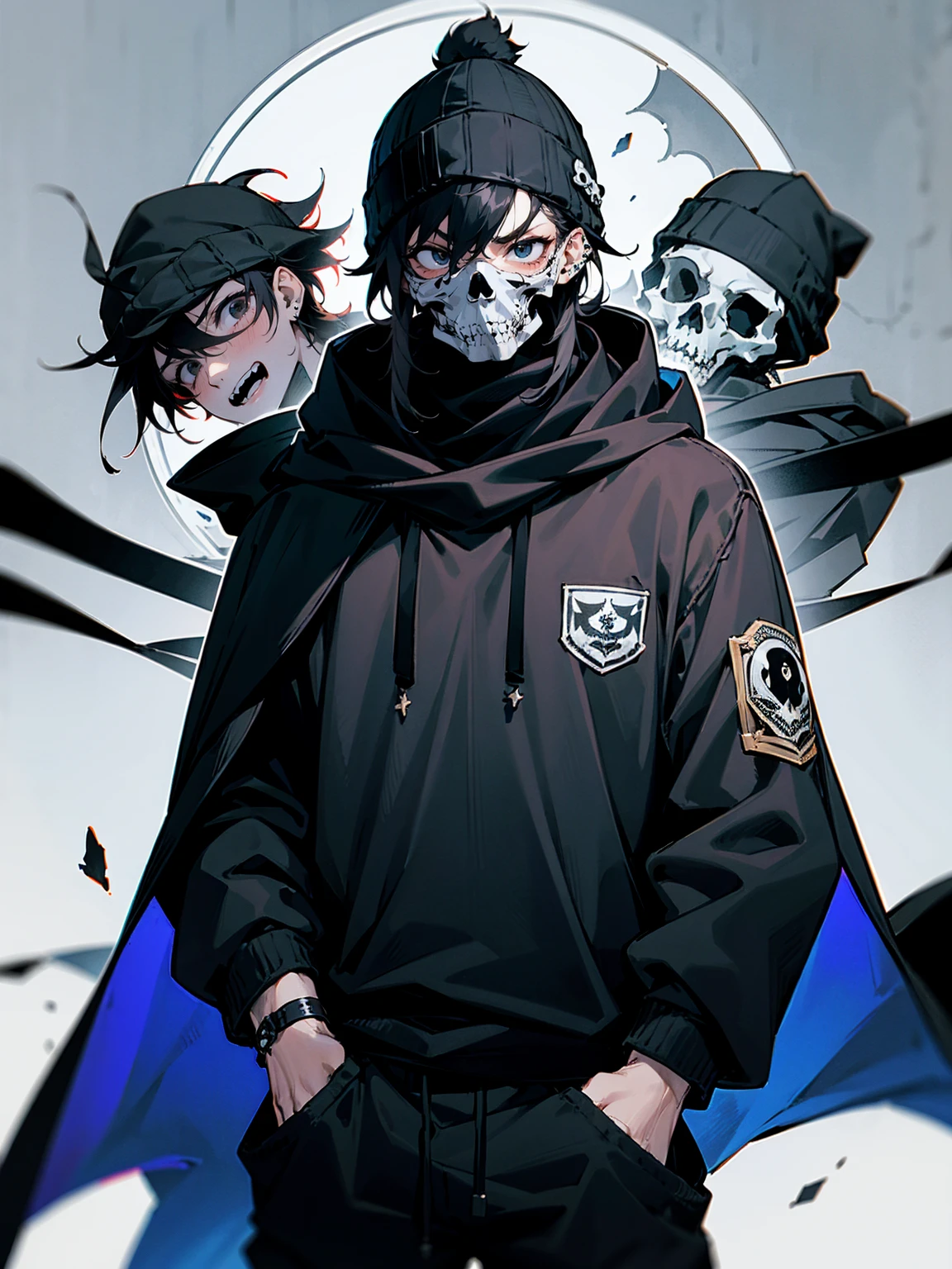 1male, adult, messy hair, black hair, beanie, hood over head, black eyes, skull mask, eye piercing, lazy expression, serious expression, cape, black military outfit, black sweatpants, muscular build, hands in pocket