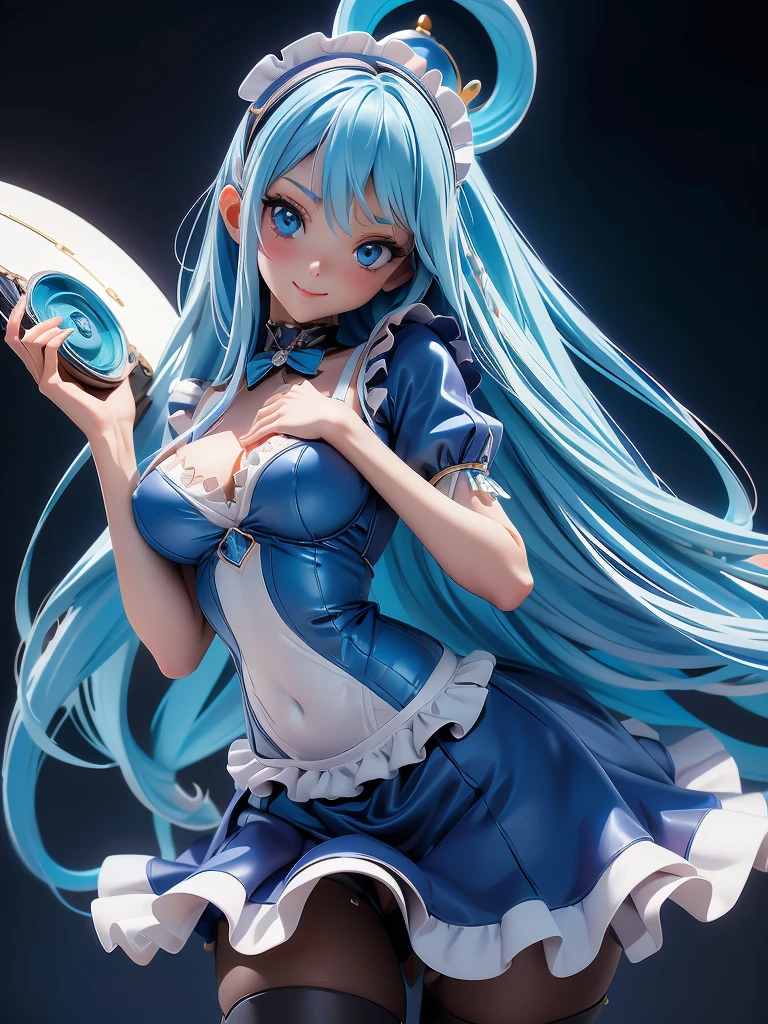 (chedevr, a high resolution,ultra - detailed:1.0),1 girl,Young and beautiful women,ideal female body,complex parts, The only person, (long blue hair,maid outfit,happy expression),dramatic shadow, Ray tracing, Best quality, cinema lighting,official art,Rises,full body, How,,(((Detailed list of roles))).