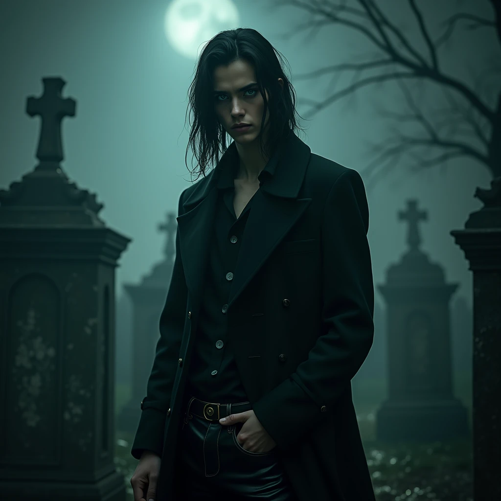 A sexy 19-year-old male with delicate facial features, long black hair, and teal eyes, wearing black shiny leather jeans and a black long trench coat. In the cemetery (Male) (gloomy atmosphere) (eerie atmosphere) (no facial hair) (scary atmosphere) (dark and smoky)