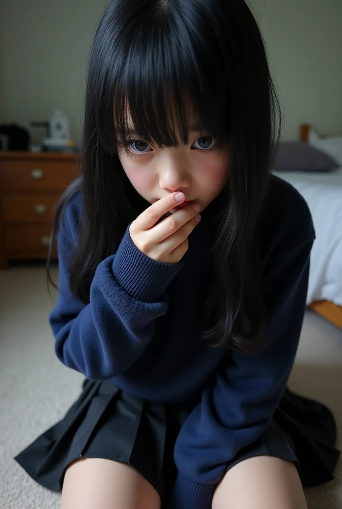 age human girl, black hair, large penis, veiny penis, limp penis, soft penis, hair obscuring face, navy blue sweater, black pleated skirt, sitting on floor in bedroom, embarrassed, blue eye, face mask, hair covering eye, camera pov, one eye, low view, stroking penis, camgirl, camera recording symbol