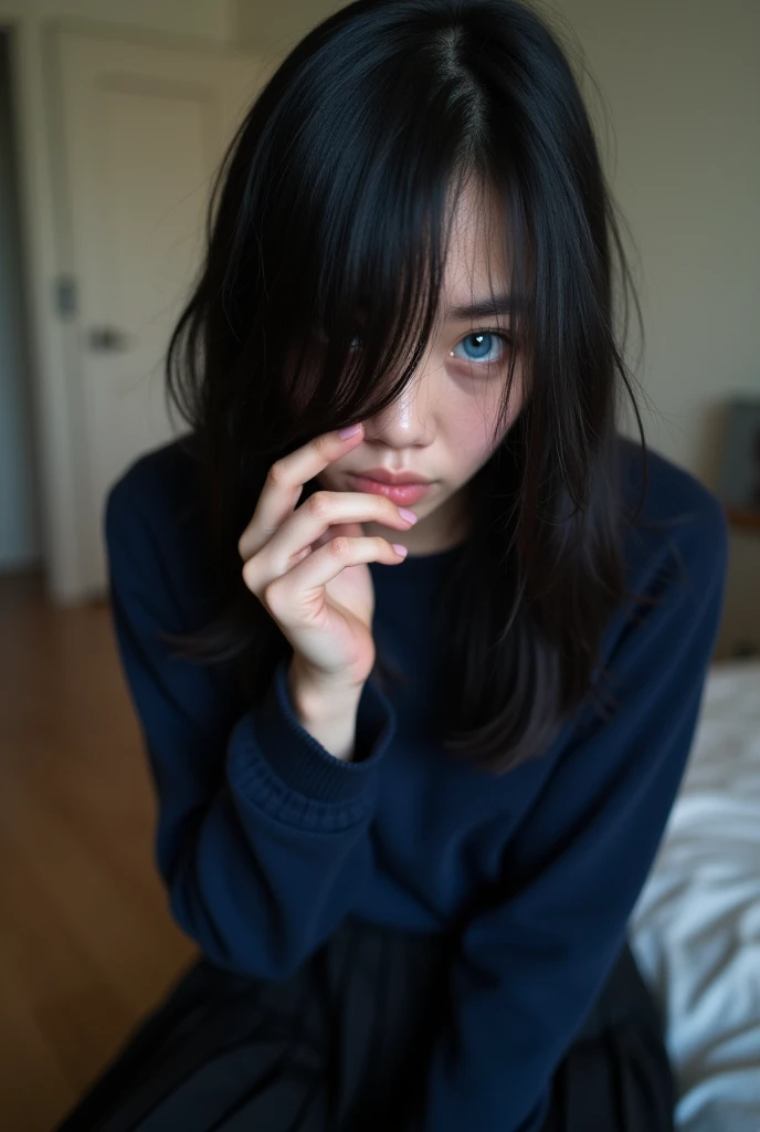 teenage human girl, black hair, large penis, veiny penis, limp penis, soft penis, hair obscuring face, navy blue sweater, black pleated skirt, sitting on floor in bedroom, embarrassed, blue eye, face mask, hair covering eye, camera pov, one eye, low view, stroking penis, camgirl, camera recording symbol