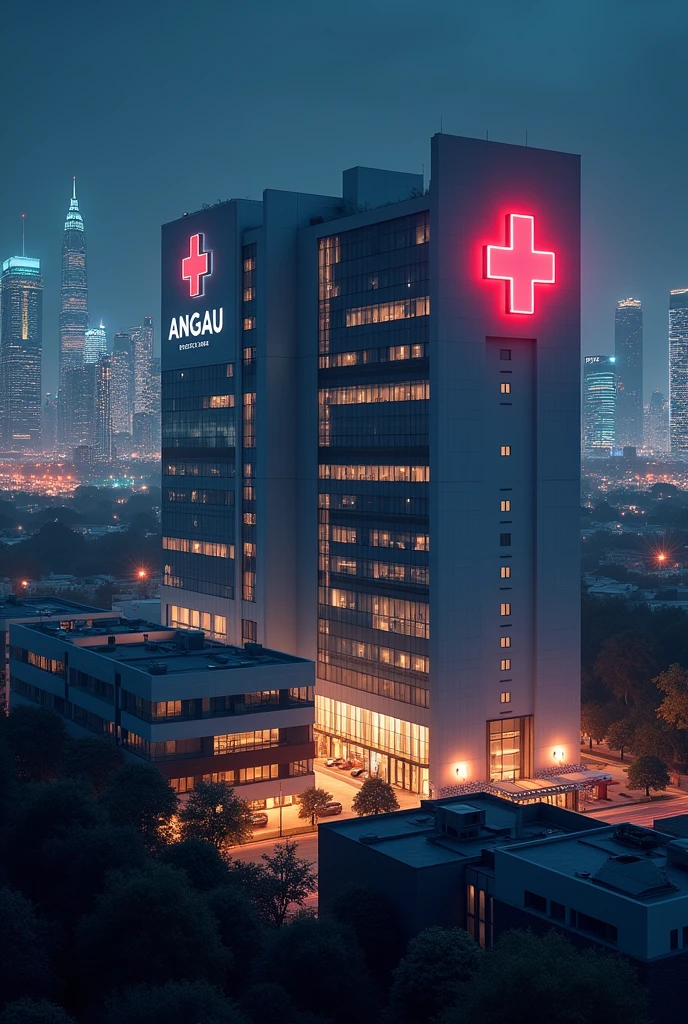 A big hospital with a red cross near a city with logo ANGAU in night view