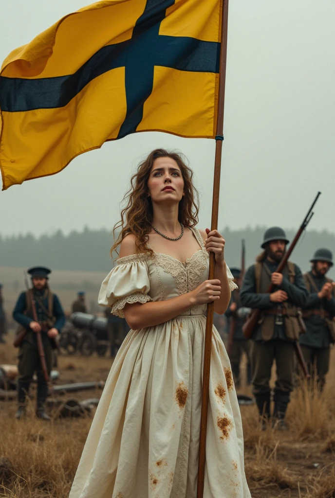 A lady in a war-stained white dress, in the 19th century, with allegories to freedom, in the style of the croix, and carry the flag in the shape of a cross, Swedish style, but with the yellow flag background and the black cross. and he appears crying celebrating freedom on the battlefield, with rifles, dead, cannons, etc. The soldiers in the back hug each other