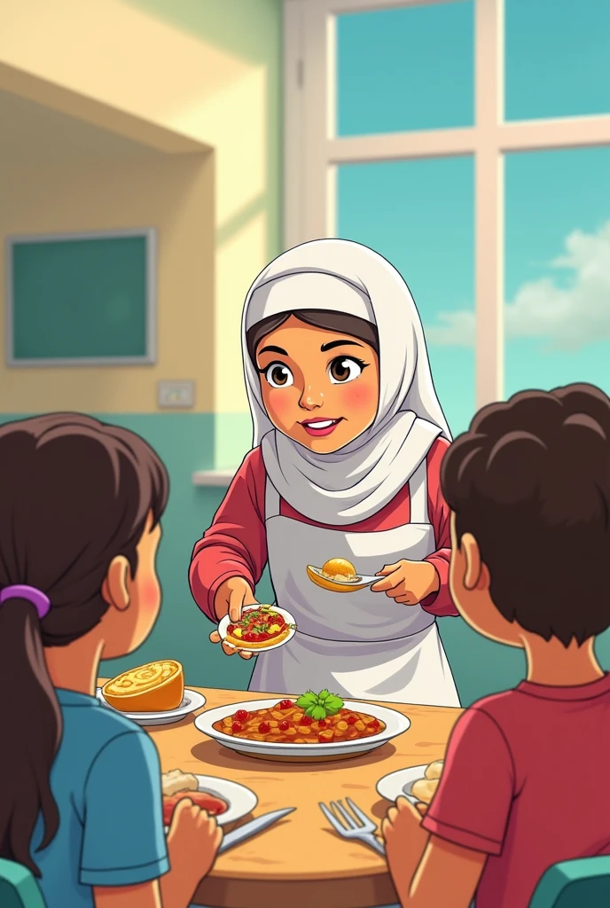 Create a cartoon illustration of Mother Clarita helping ren eat at a school.