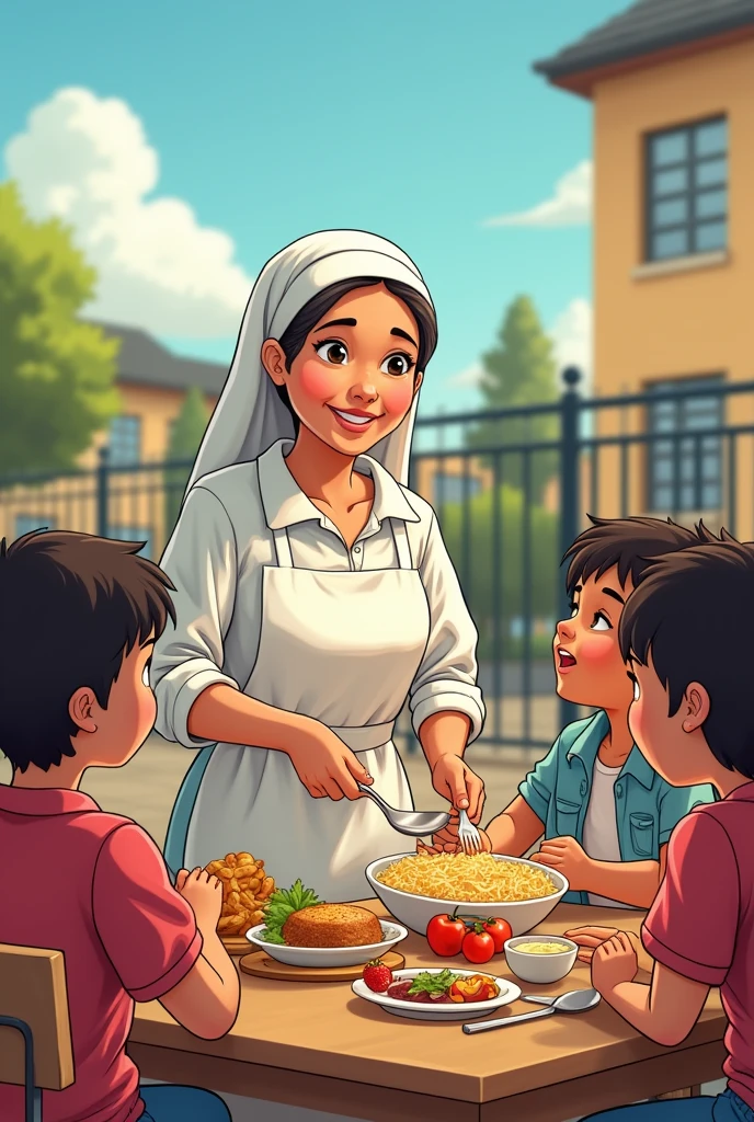 Create a cartoon illustration of Mother Clarita helping children eat at a school.