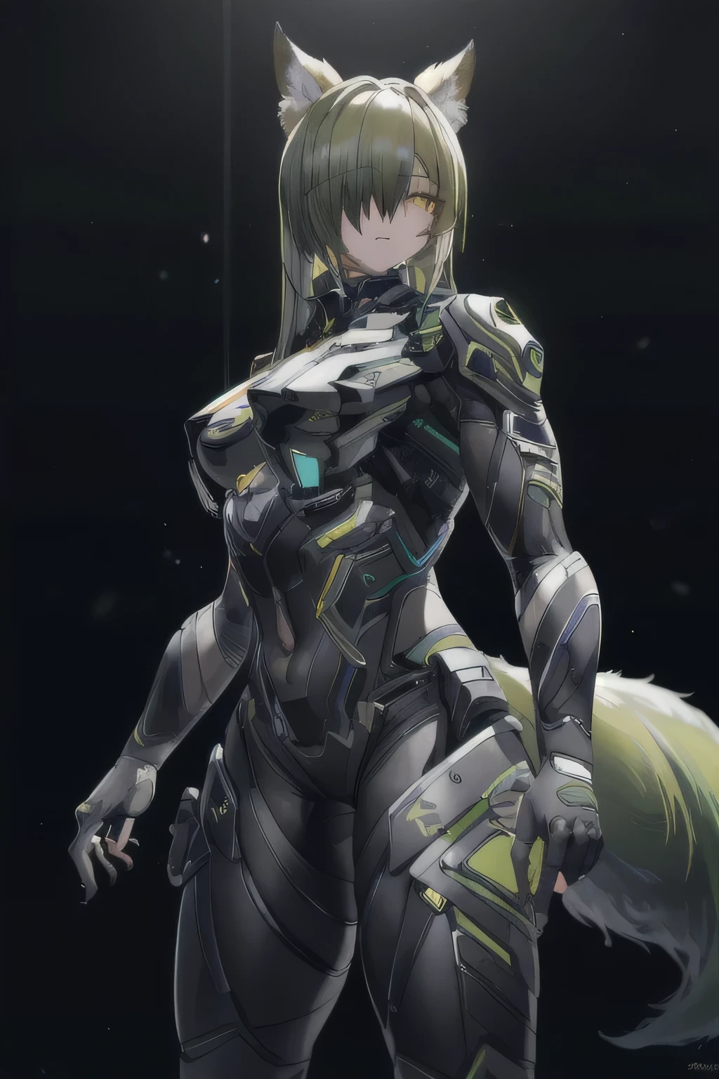 Best quality, masterpiece, ultra high res, one person, female,khaki skin, nine green fox tails, very large fox ears, green-black futuristic carapace armor,mechaarmor, imposing, emotionless, yellow eyes, yellow eyeballs, green long flowing hair,hair over eyes, precise symmetrical and distinct facial features, retractable claws, fingerless gloves, best quality,4k,8k,highres,masterpiece:1.2),ultra-detailed,,HDR,UHD,studio lighting,ultra-fine painting,sharp focus,physically-based rendering,extreme detail description,professional,vivid colors,bokeh,atmospheric,dramatic lighting