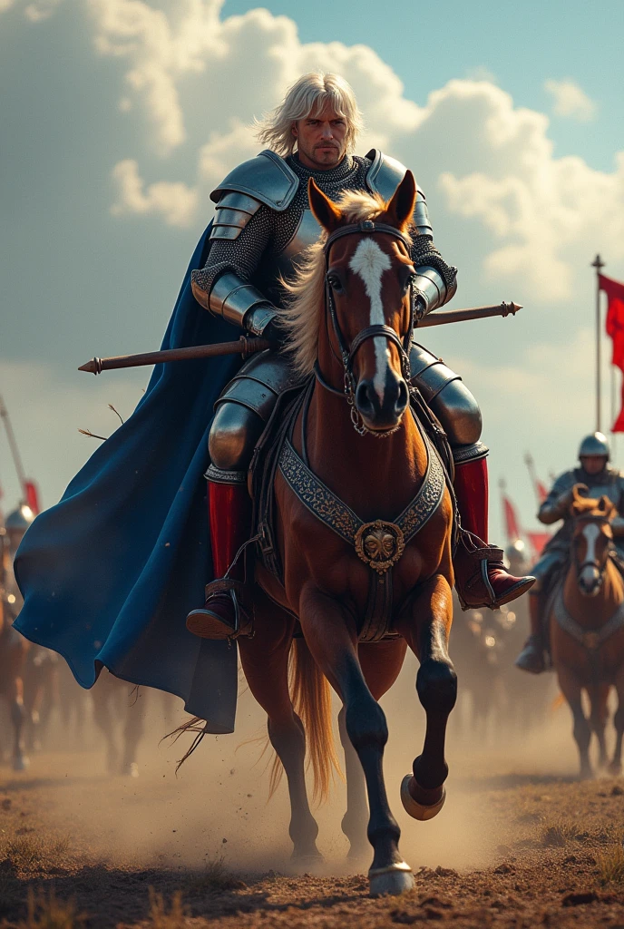 medieval male knight with white hair, blue colored armor, red boots, riding a brown war horse, in the heat of an epic medieval battle