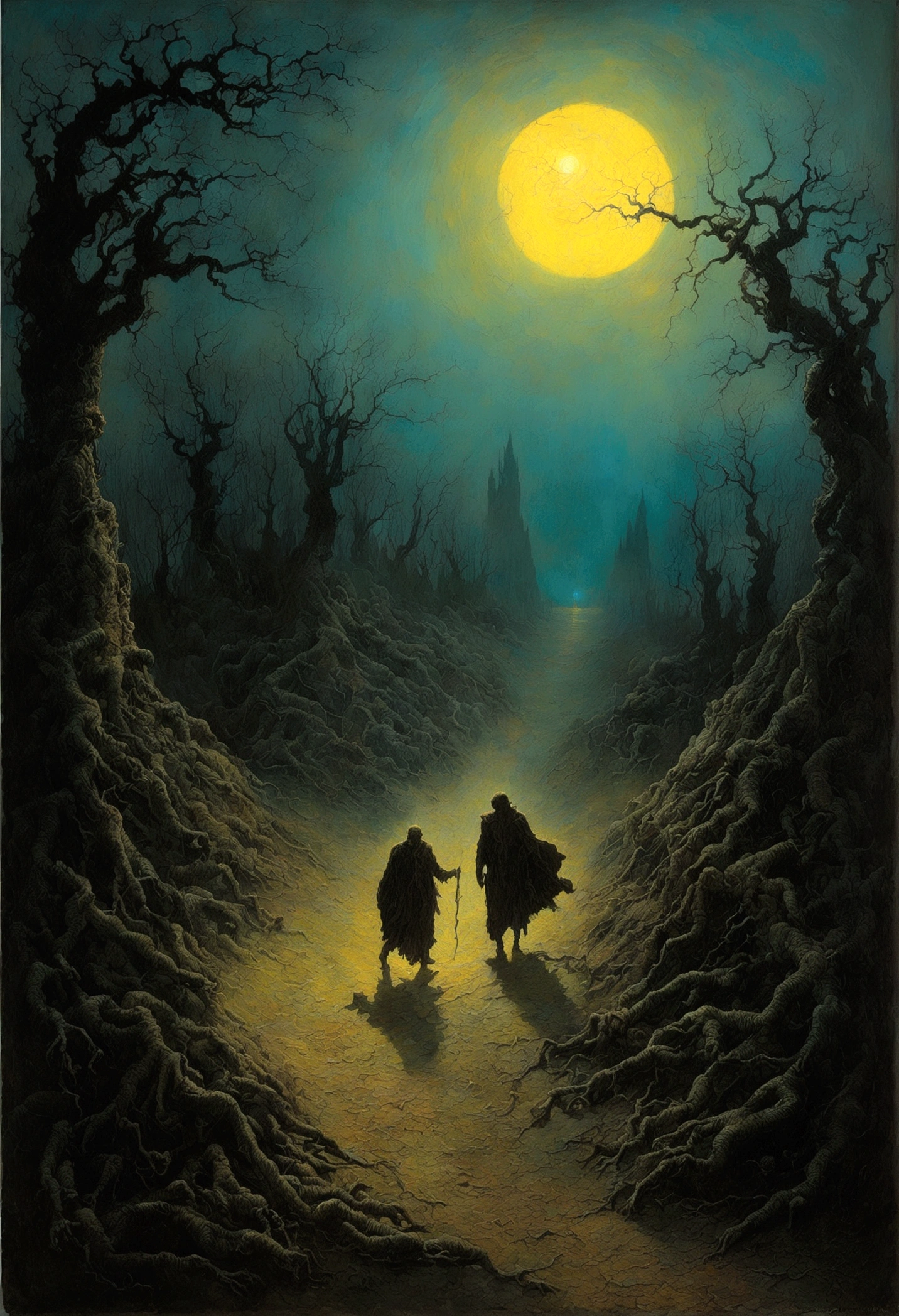 Mythical scene, author：Zdzislaw Beksiński and Vincent Van Gogh, Muchet, evil soul aura leaving man's body , intricately detailed , medieval island, dark forest, ground, dystopian, 1982 dark fantasy, gritty textured, volumetric lighting, bioluminescent, warm colours, chalky yellow, devil red, dusty blue, --ar 2:3 --stylize 300