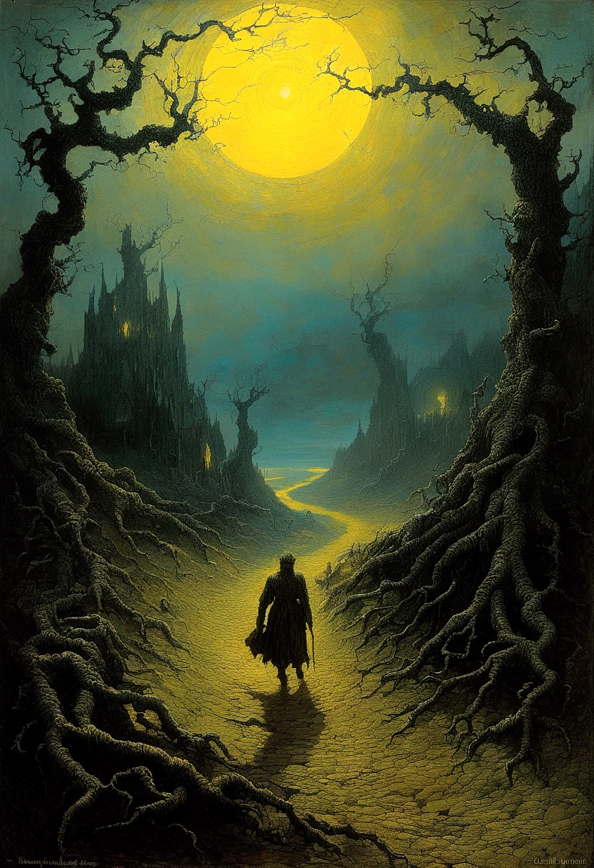 Mythical scene, author:Zdzislaw Beksiński and Vincent Van Gogh, Muchet, evil soul aura leaving man's body , intricately detailed , medieval island, dark forest, ground, dystopian, 1982 dark fantasy, gritty textured, volumetric lighting, bioluminescent, warm colours, chalky yellow, devil red, dusty blue, --ar 2:3 --stylize 300