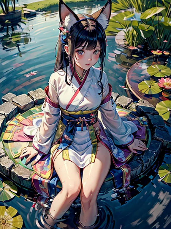 absurdres, highres, ultra detailed, (1girl:1.3), hand drawn, simple line, 16yo girl in colorful Chinese Hanfu, sexy girl with fox ears, at the lotus pond, masterpiece, sitting in water, floating clothes, floating hair