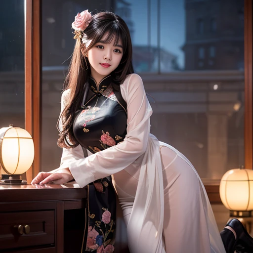 best quality, Delicate face，beautiful visual work, lifelike,  eternity, black hair, Long curly hair, blunt bangs, Smile, Detailed Background,  Delicate face，pink blush，cold，((masterpiece))、(top quality)、8k、high detail、Super detailed，21 years old female，Wearing Chinese cheongsam、Seductive and whimsical style、masterpiece、born、Scenes resembling fairy tale illustrations、Intricate details and complex designs、Beautifully、magic、capricious、 Beautifully、Dream aesthetics、「𝓡𝓸𝓶𝓪𝓷𝓽𝓲𝓬、ethereal、charming、fickle、magic」、Realism、Visual effects、FXAA、SSAO、Shaders、voiceless、ambient lighting、Tone mapping、High resolution、Ultra high quality、Million pixels、(8K resolution:1.10)、8k、Below 8K、8K resolution、high detail、intricate details， (high quality:1.2、masterpiece:1.2、:1.21)、(21 years old female:1.21)、(Smile excitedly)、(Surrounded by the dreamy atmosphere、Model diagram，full-body shot，Normal 2 feet，Don't show your fingers