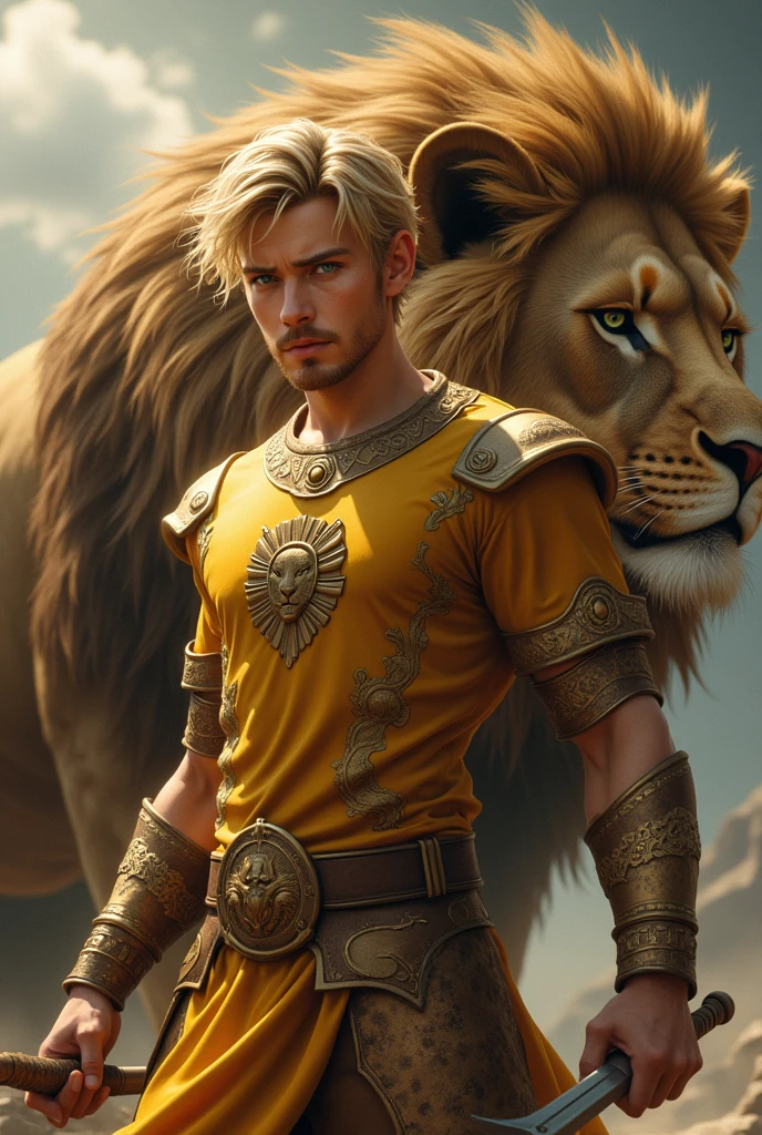 Make an 18 year old teenager. He has blond hair, greeneyes, goatee and a scar over his left eye. He is wearing a golden outfit with a lion crest on his chest., holding a sword in his left hand. He is in a fighting stance and next to him is a huge lion.