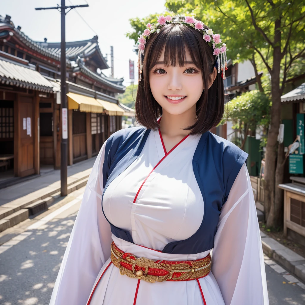 master piece,from front,standing,full body,Highest quality,Very detailed,Nikon D850 film stock photo, 1 1 1.6 Lenses, Rich colors, Realistic, Cinestill 800, Backlight, Rim Light, Studio Lighting,a girl, one girl,solo focus,alone,8k,raw photo,Japanese women,Age 25,Fair skin,Beautiful eyes,Clear,Detailed eyes,smile,teeth,hime cut hair,,g cup bust,Large Breasts,Chimachogori (Korean traditional costume),,background:Urban streetscape of Seoul, Korea,one girl