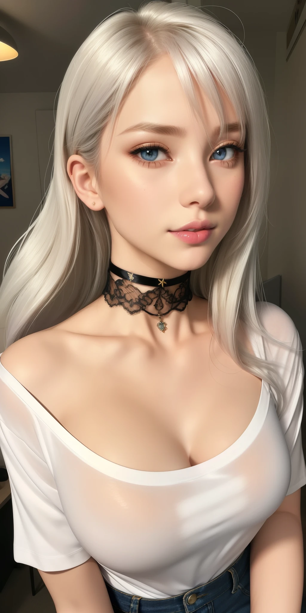 (best quality, ultra-detailed, photorealistic: 1.39), bright and vibrant colors, studio lighting, romantic expression, An effeminate girl, with a delicate and beautiful face. has a thin body, but well designed, your skin is white and very pale. her hair is silver, likes to wear makeup, ((Wear a black choker)), outfit emocore, cute panties, lace high socks, band t-shirt.