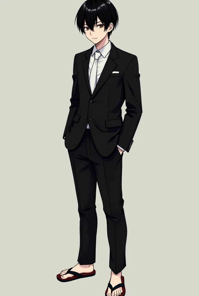 Black haired character, Mink bear features, wears a black suit with a white tie, wears flip-flops and dress pants, has the sand fruit, usa or estilo of luta hokushiki, has a white cover, and is the right hand of a crew, he is 19 years old.