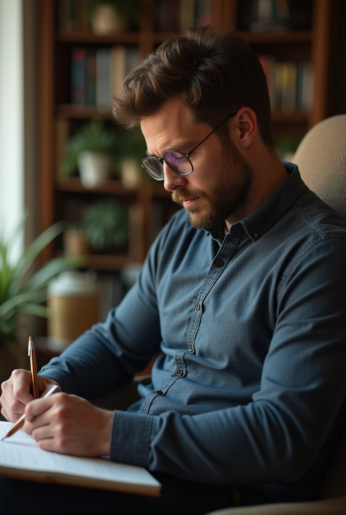a strong man sitting in a chair studying, I want him to be writing it down in a notebook, I'm going to use it for the YouTube thumbnail