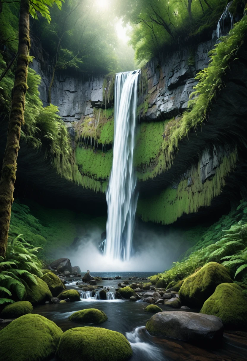 Deep in the forest, super realistic, waterfall, epic recording, best exposure, realistic environment
